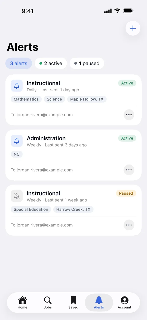 Job alerts for roles, subjects and places, each marked active or paused