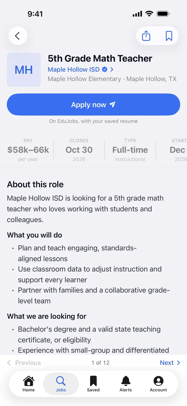 A job posting with Apply now, pay, closing date and employment type