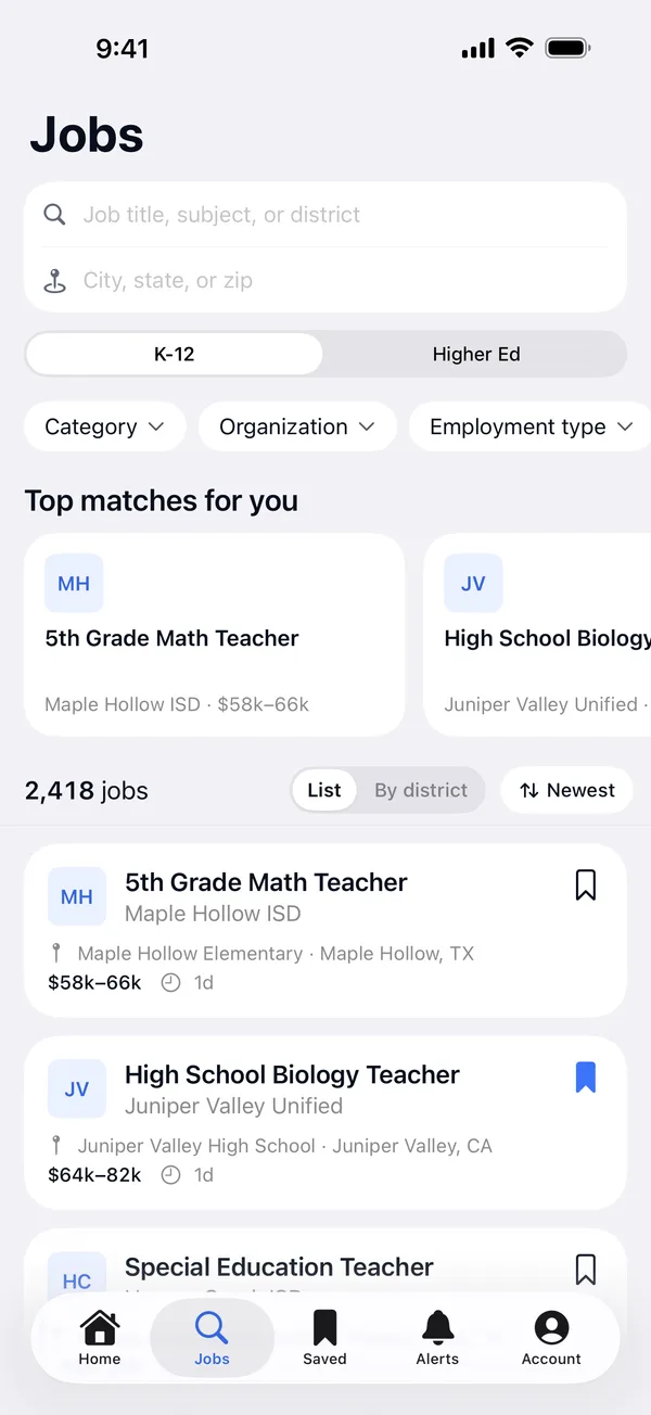 The EduJobs app's job search on a phone