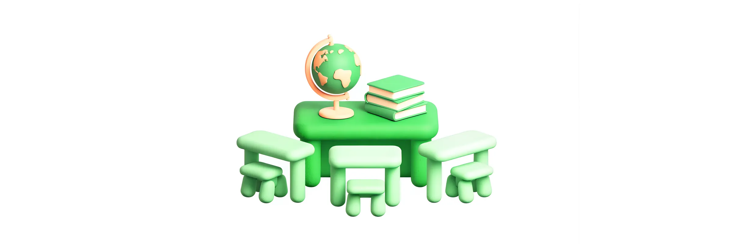 A teacher desk with a globe and a stack of books, facing three small student desks.