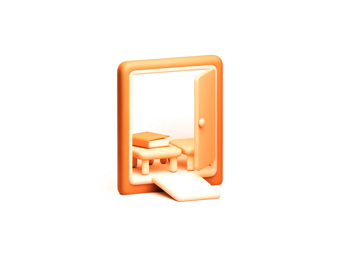An open orange classroom door with a ramp leading in to two desks pushed together.