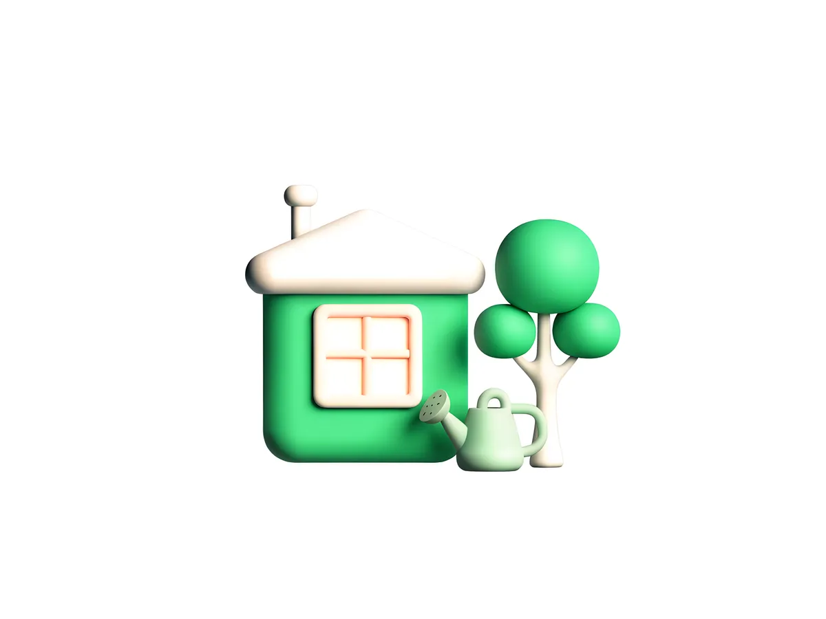 A small green school building with a tree growing beside it and a watering can at its base.