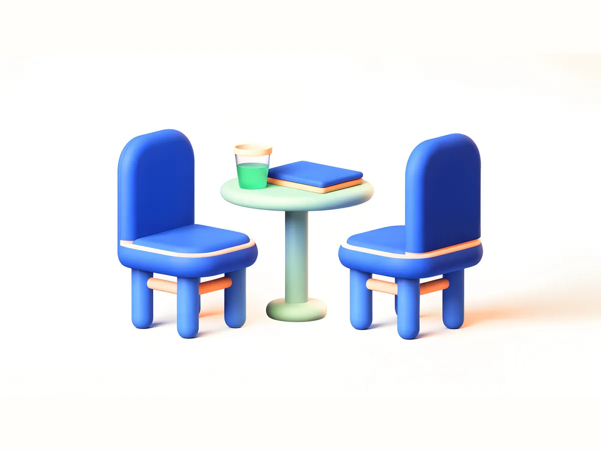 Two blue chairs facing each other across a small round table with a glass of water and a closed folder.