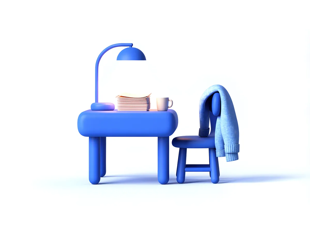 A small blue teacher's desk after hours, with a lamp on over a stack of papers, a coffee mug and a sweater draped over the chair.