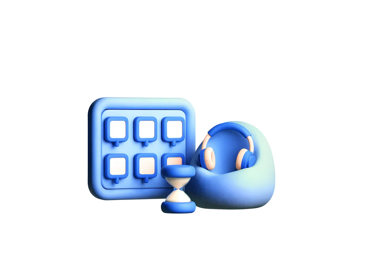 A blue picture-card schedule board beside a sand timer and a beanbag with soft headphones resting on it.