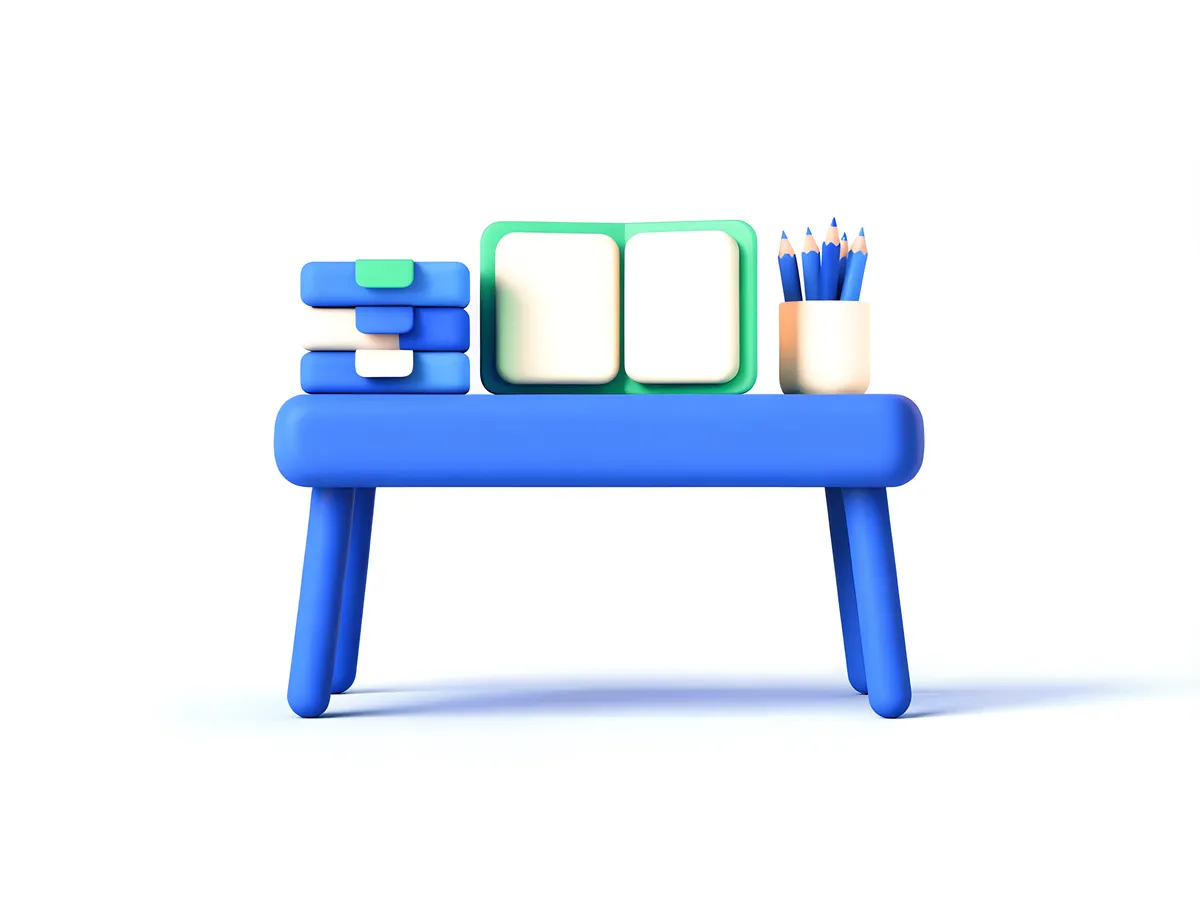A tidy blue desk with stacked file trays, an open planner and a cup of colored pencils.