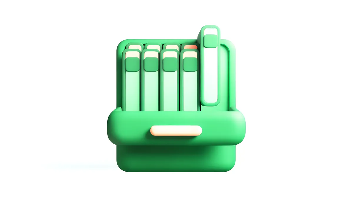 An open green filing drawer with a row of folders, one lifted slightly out.