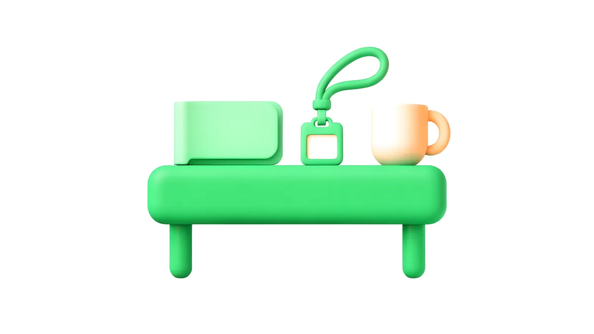 A green teacher desk with a closed folder, a lanyard badge and a coffee mug.