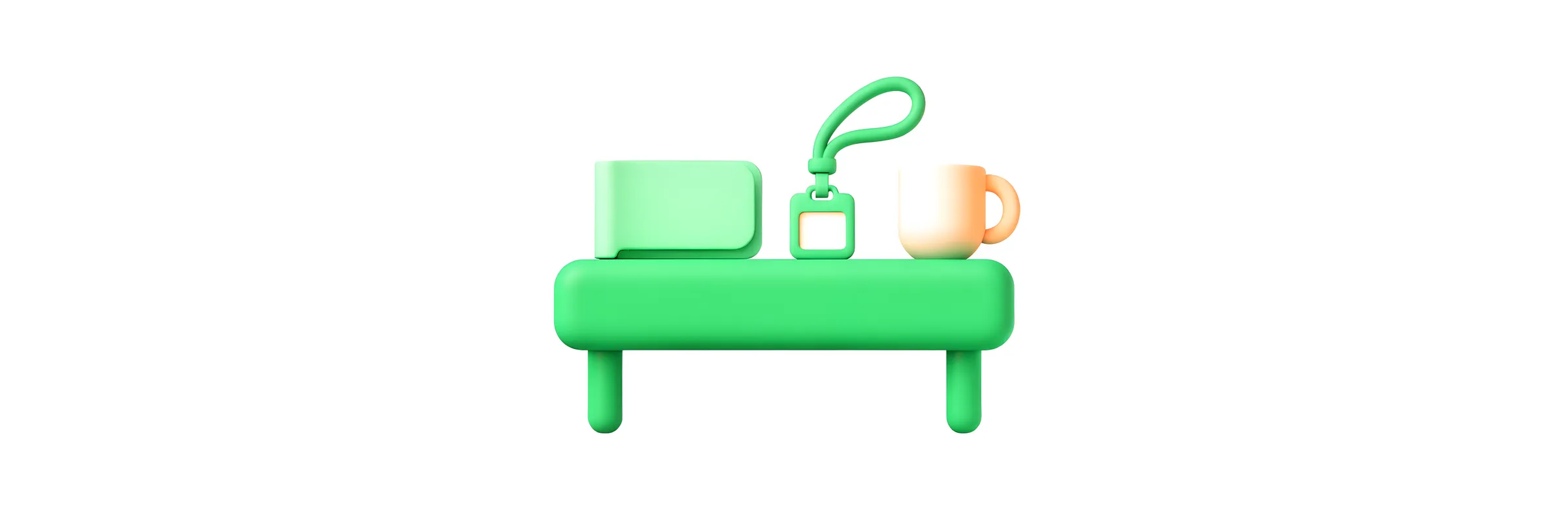 A green teacher desk with a closed folder, a lanyard badge and a coffee mug.