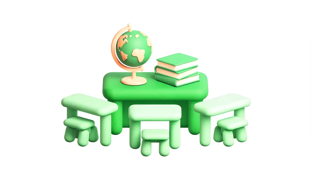 A teacher desk with a globe and a stack of books, facing three small student desks.