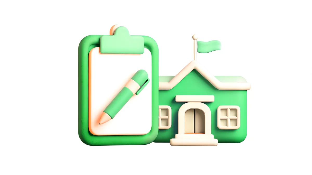 A clipboard with a blank page and a pen beside a small green school building.