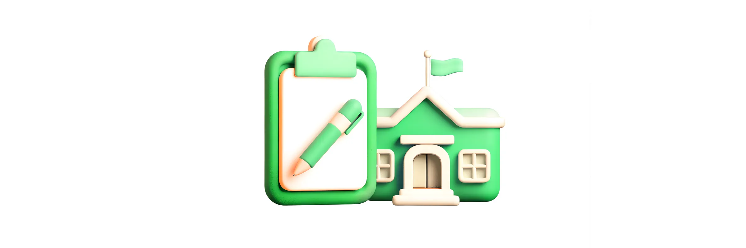 A clipboard with a blank page and a pen beside a small green school building.