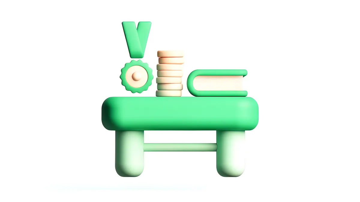 A green teacher desk with a ribbon medal, a stack of coins and a closed book.