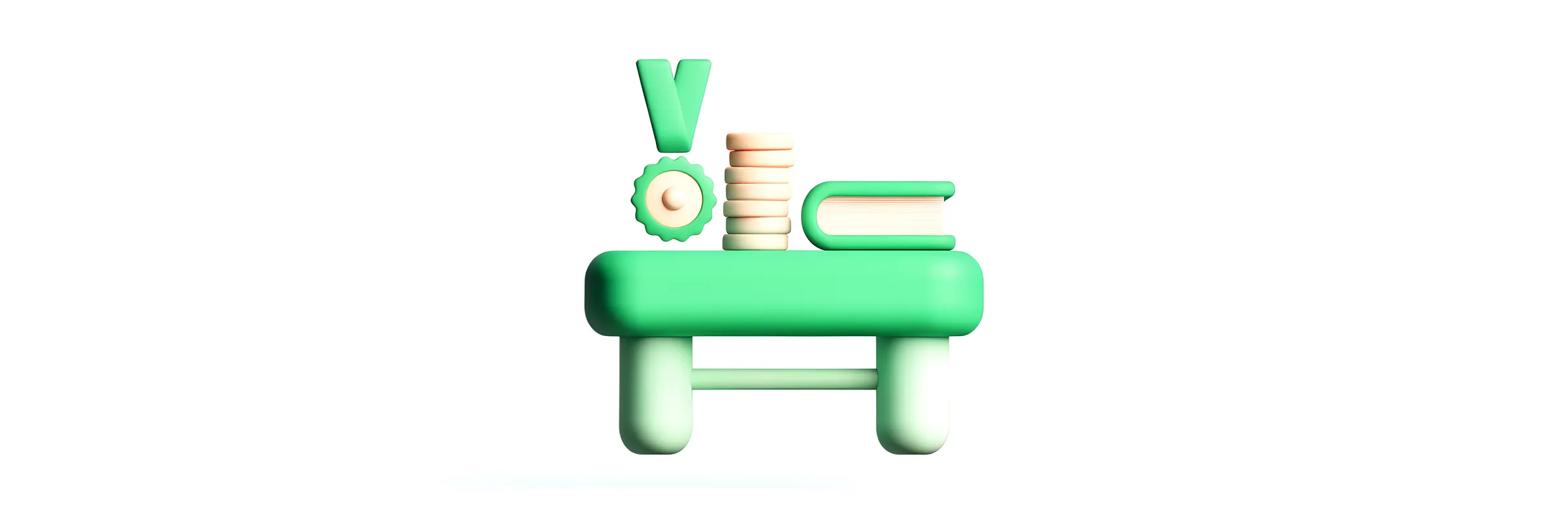 A green teacher desk with a ribbon medal, a stack of coins and a closed book.