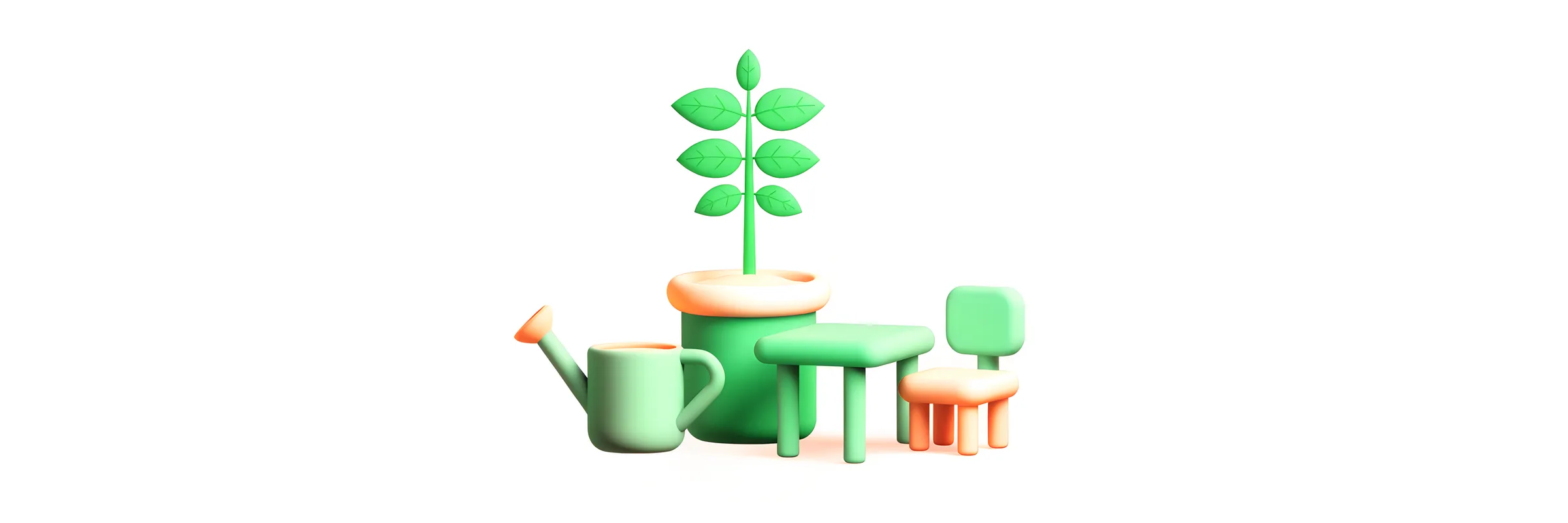 A young sapling in a pot beside a small classroom desk and chair, with a watering can.