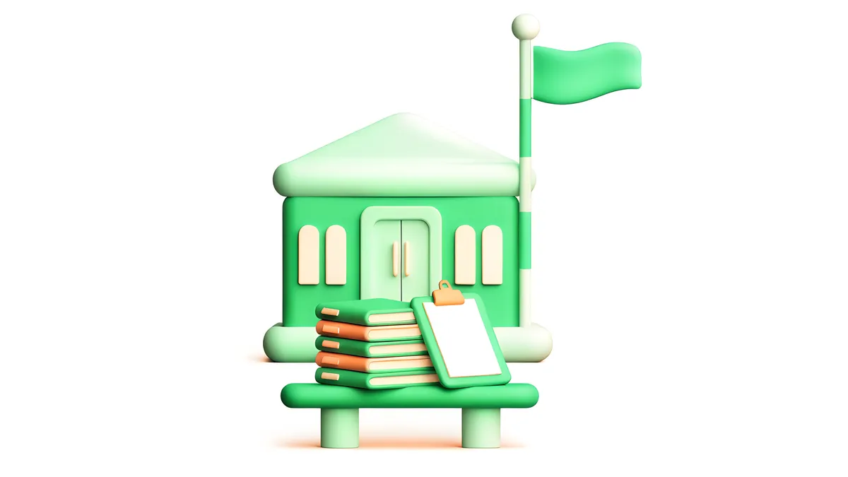A small green school building with a flagpole, and a stack of folders and a clipboard on a bench out front.