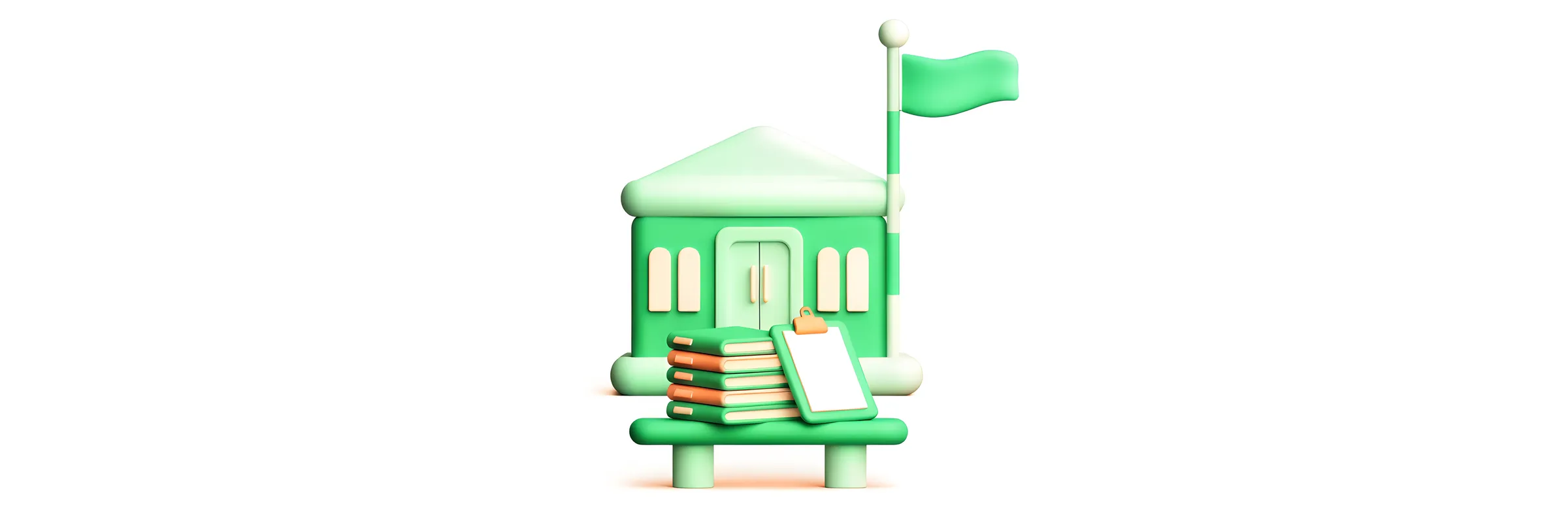 A small green school building with a flagpole, and a stack of folders and a clipboard on a bench out front.