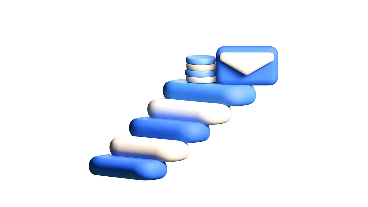 A staircase of rounded blue and white blocks rising to a stack of coins and a sealed blue envelope on the top step.