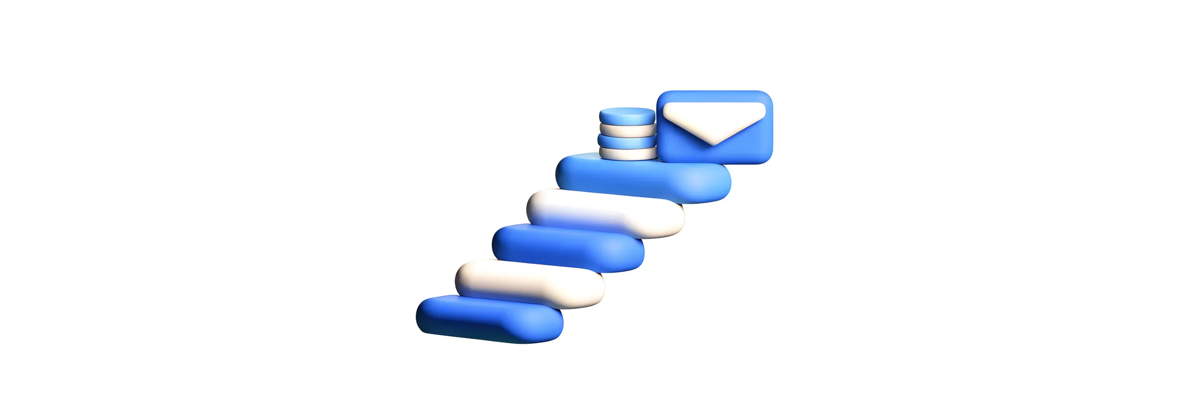 A staircase of rounded blue and white blocks rising to a stack of coins and a sealed blue envelope on the top step.