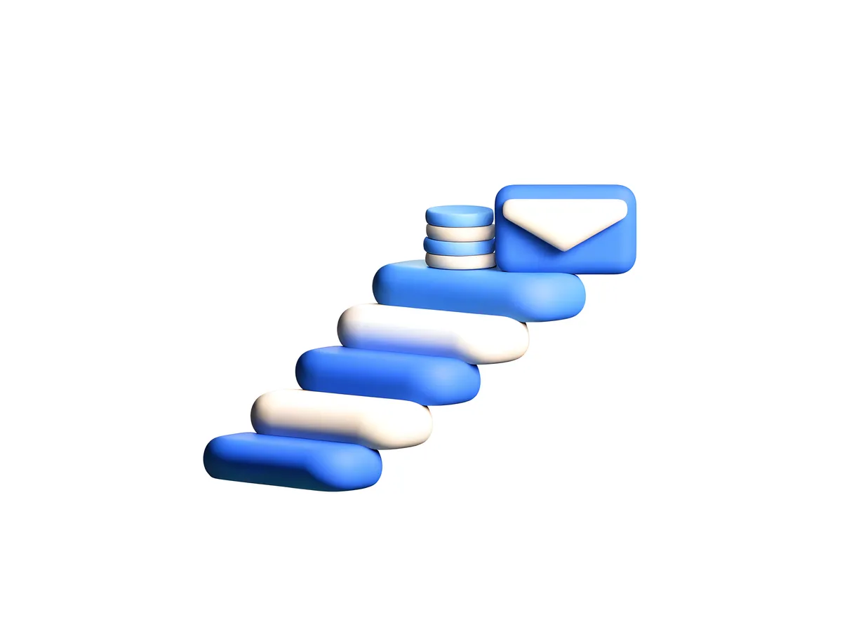 A staircase of rounded blue and white blocks rising to a stack of coins and a sealed blue envelope on the top step.