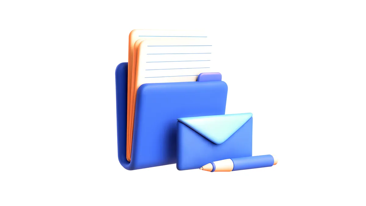 Ruled sheets of paper in a blue folder beside a sealed blue envelope and a pen.