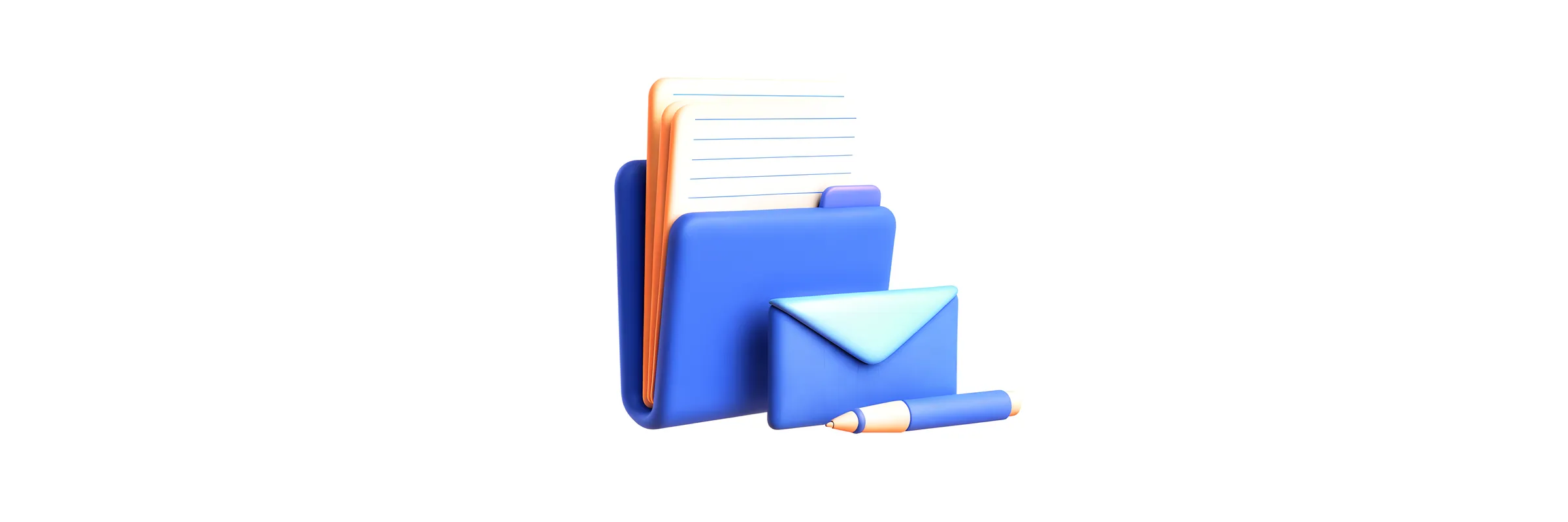 Ruled sheets of paper in a blue folder beside a sealed blue envelope and a pen.