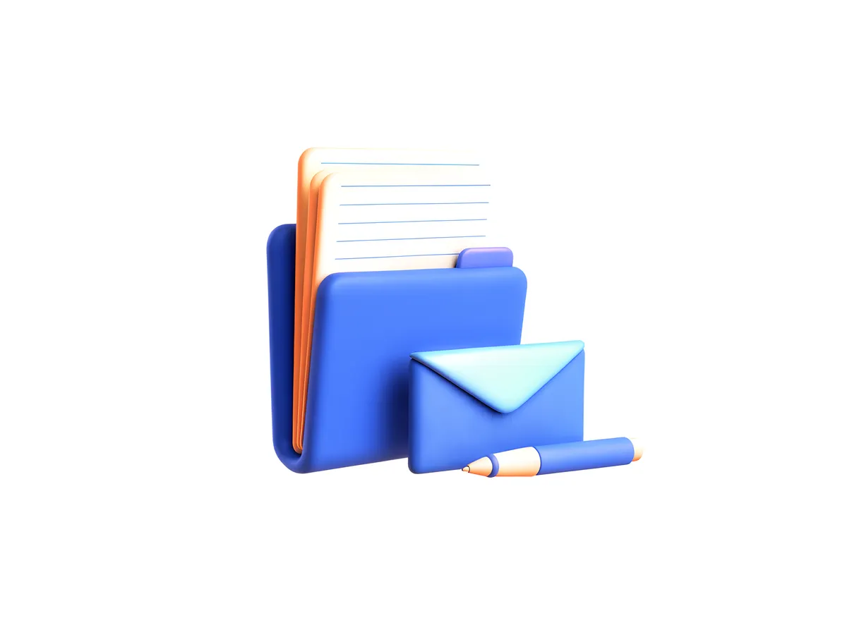 Ruled sheets of paper in a blue folder beside a sealed blue envelope and a pen.