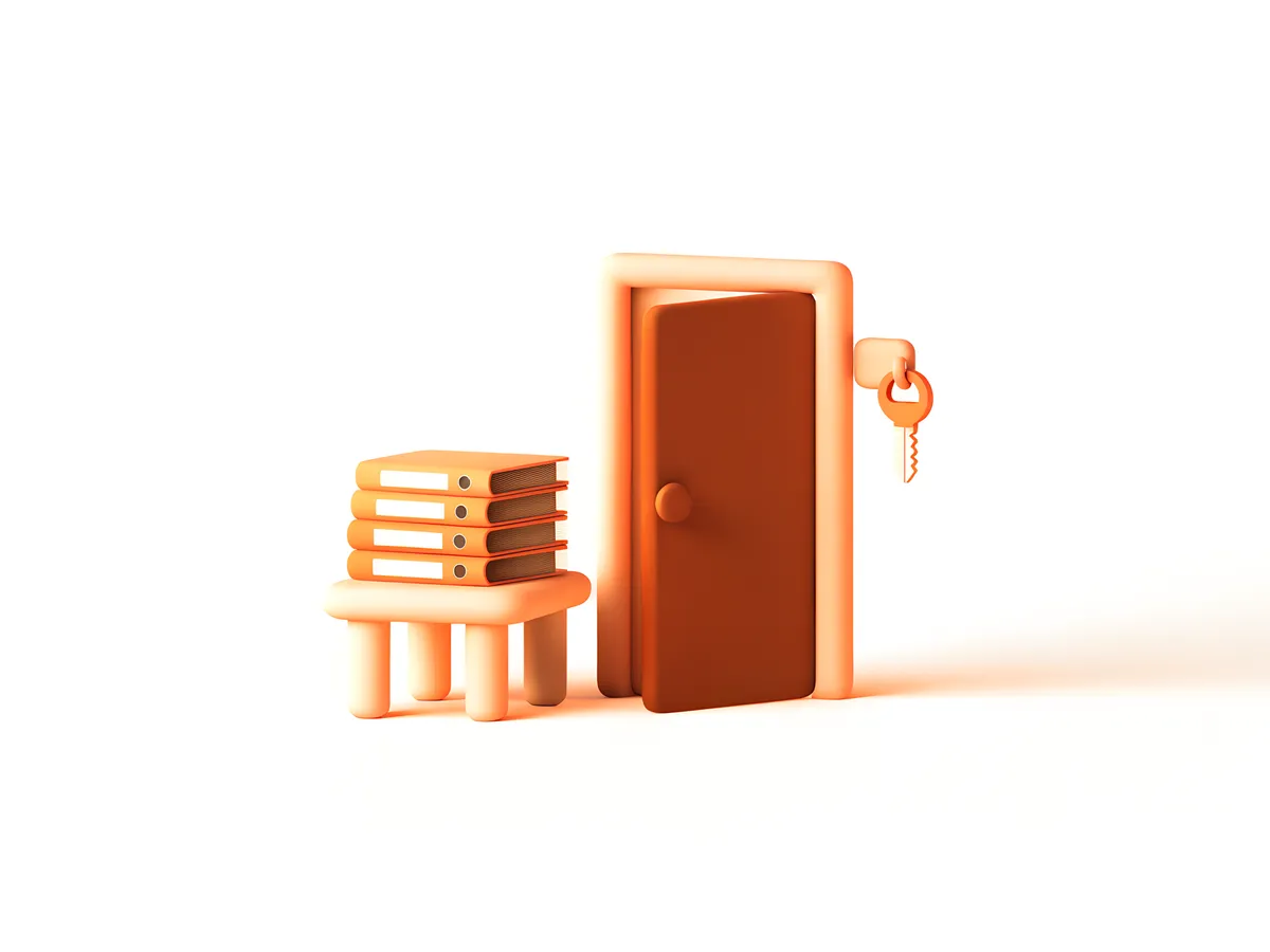 An orange office door with a key hanging beside it and a stack of binders on a small table.