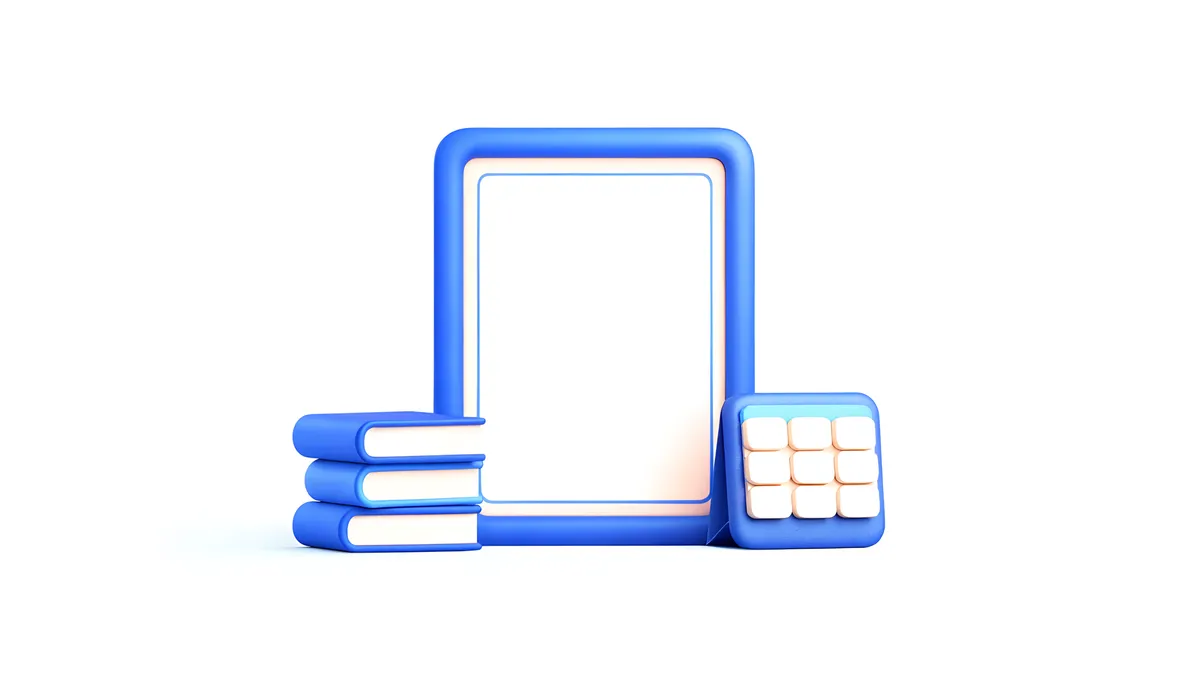 A blank blue framed certificate standing between a stack of three books and a small desk calendar.
