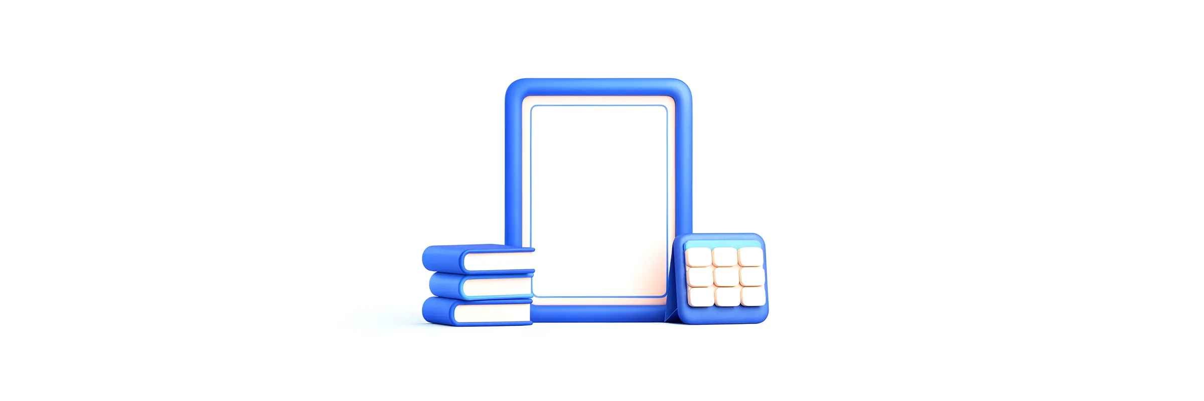 A blank blue framed certificate standing between a stack of three books and a small desk calendar.