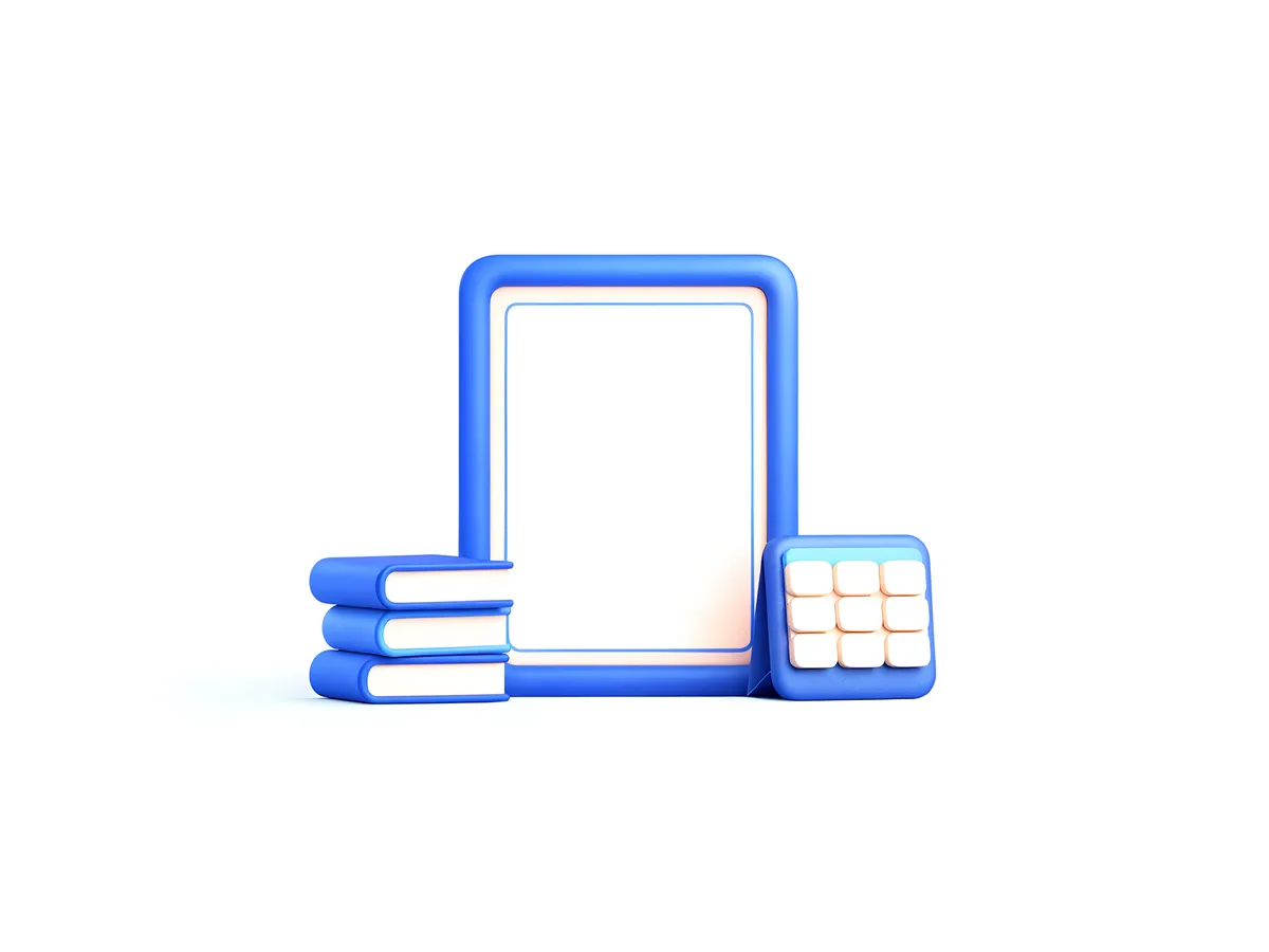A blank blue framed certificate standing between a stack of three books and a small desk calendar.