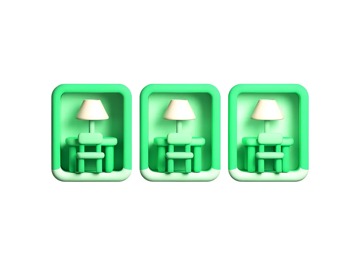 Three small green classrooms side by side, each with a desk, a chair and a lamp switched on.